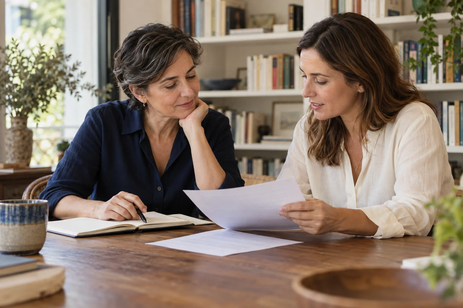 Dos mujeres conversan mientras revisan un cuaderno y varios documentos.