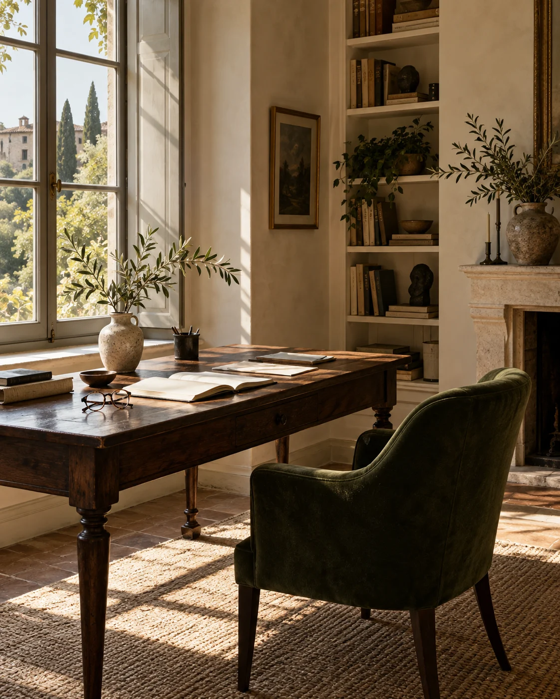Una mesa de madera junto a una ventana, con un cuaderno abierto y luz natural.