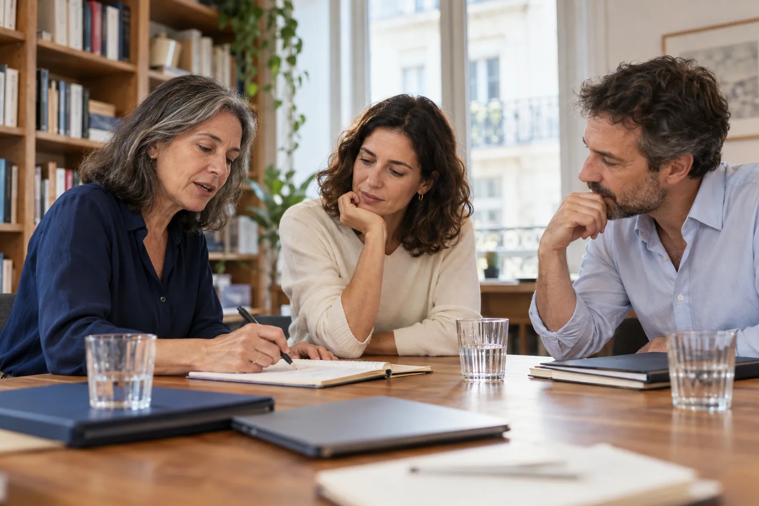 Tres compañeros de trabajo conversan alrededor de una mesa y un cuaderno.